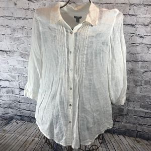 J.Jill White Linen Long Sleeve Pleated Blouse